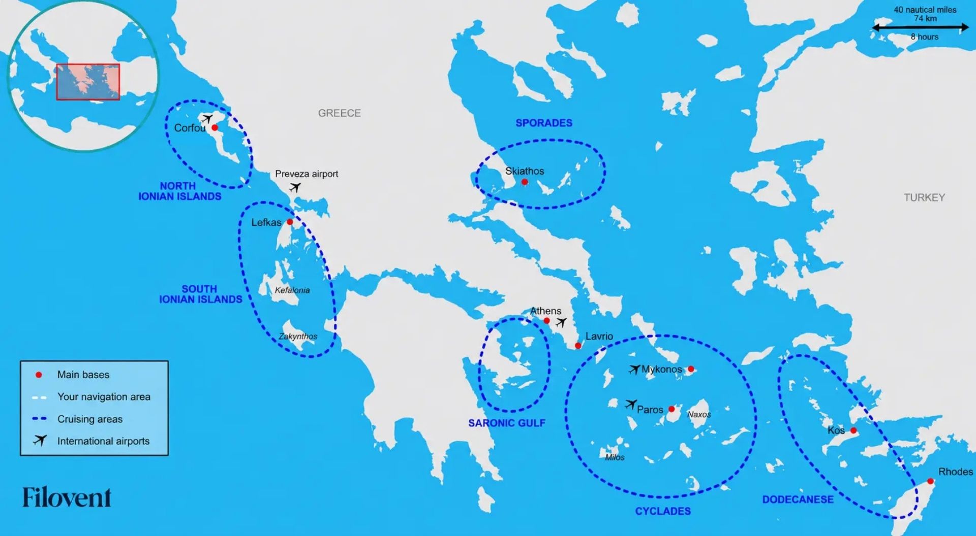 Mapa de las principales zonas de navegación en Grecia